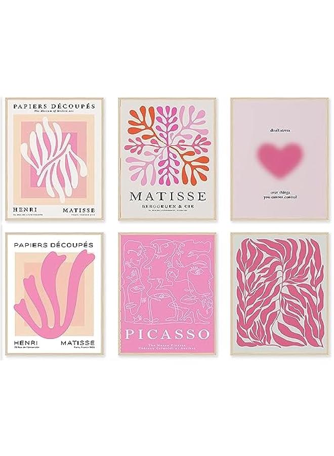 Matisse Wall Art Prints Set of 6, Abstract Matisse Wall Art Exhibition Picasso Posters, Minimalist Canvas Art Prints Beige Pink Room Decor, Hot Pink Aesthetic Room Decor for Bedroom, Living Room, - Image 1